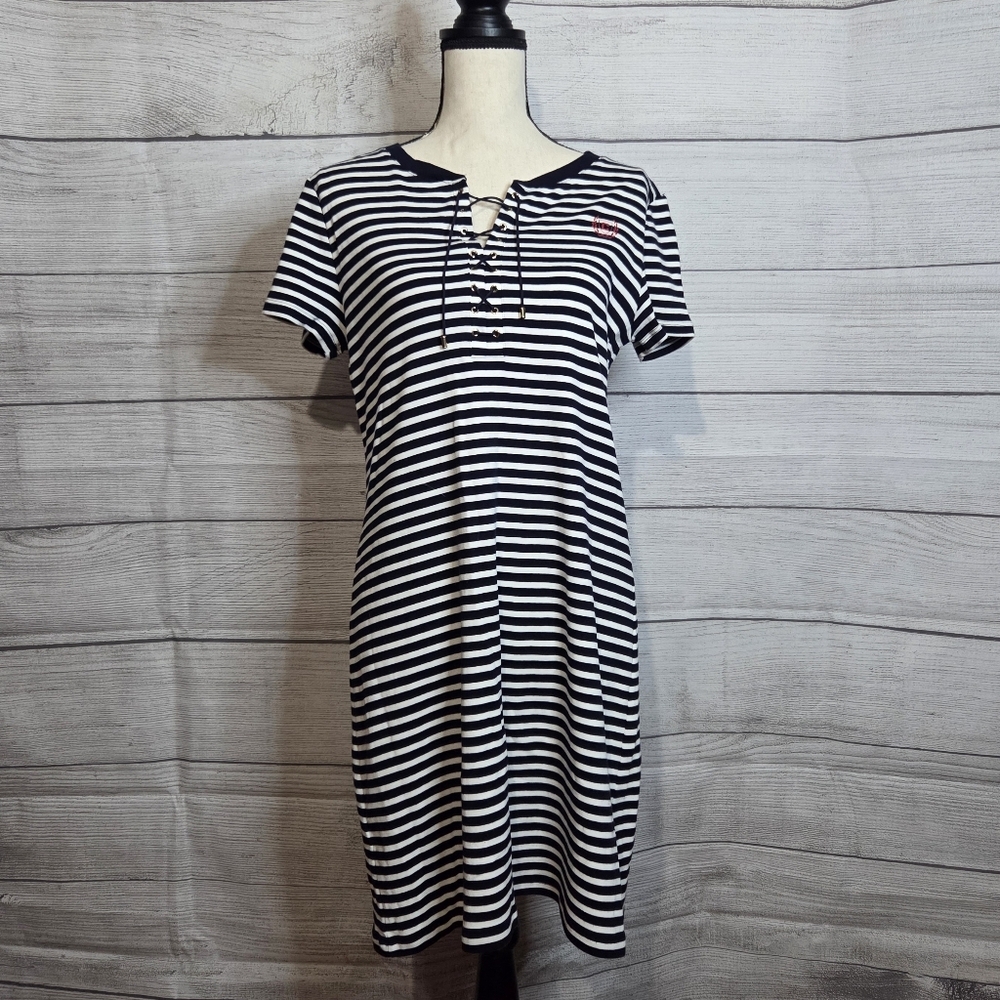 Chaps Navy and White Striped Dress, Size L